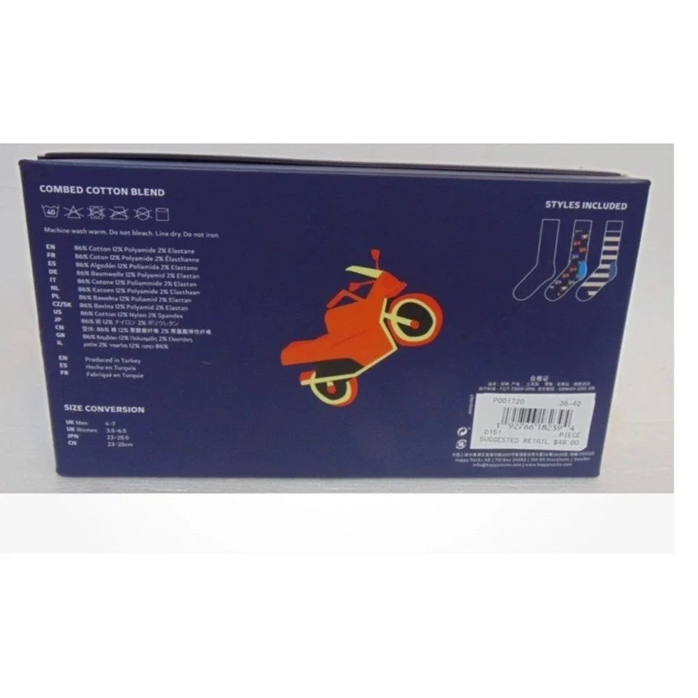Happy Socks Motorcycles Stripes Crew Socks Unisex Novelty Pattern Colorful NIB